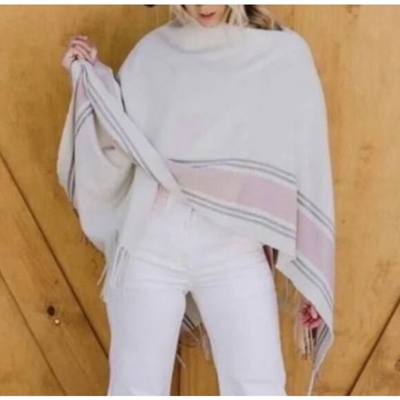 NWT Siizu Causebox blush pink/grey/cream stripe poncho scarf shawl, one size - Picture 7 of 12